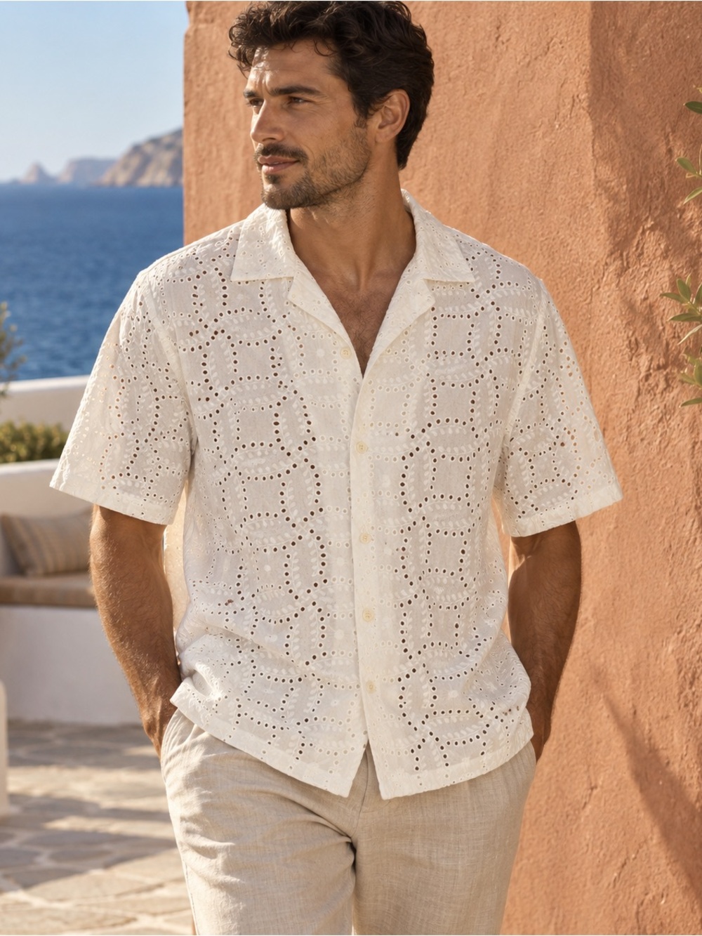 ZARA White Eyelet Shirt Men L Resort Vacation Beach Lightweight Button Up